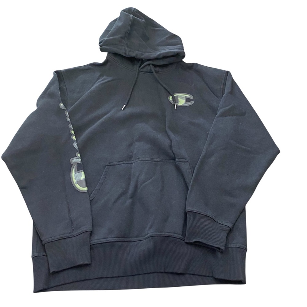 Champion Black Hooded Pullover Sweatshirt with Subtle Camouflage Logo